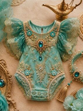 Turquoise & Gold Lace Baby Romper with Jewel Detail